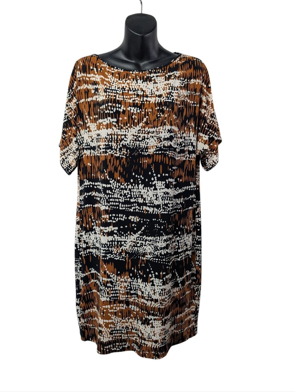 Kasper Black Brown Abstract Print Short Split Sleeve Shift Dress Size L Stretch